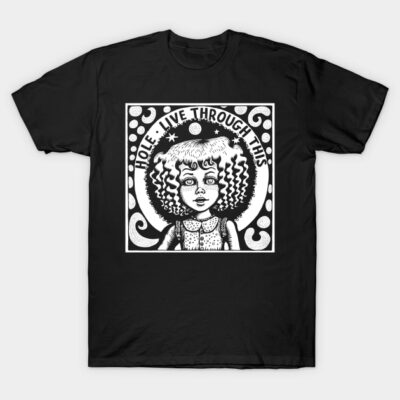 Black t-shirt featuring a bold graphic design with text "Live Through This," ideal for casual wear.