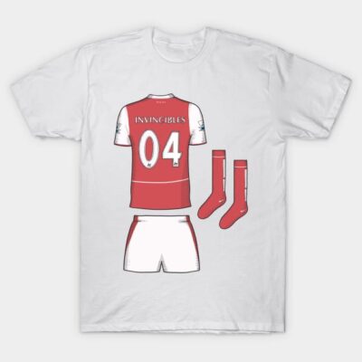 White T-shirt featuring red soccer jersey design with "Invincibles 04", matching shorts, socks illustration.
