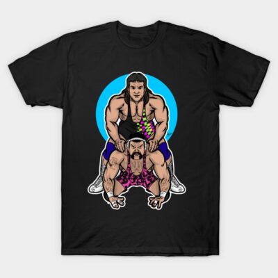 Black cotton t-shirt featuring colorful illustrated characters in wrestling attire, ideal for casual wear.