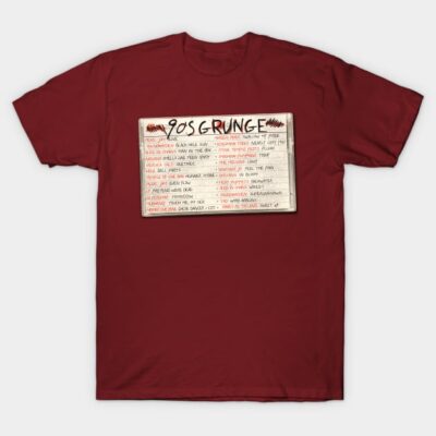 Burgundy T-shirt featuring 90s grunge playlist design, casual style, perfect for music lovers and vintage fashion.