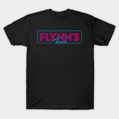 Black retro-style t-shirt featuring Flynn's Arcade neon graphic, perfect for casual wear or gaming enthusiasts.
