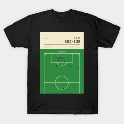 Black t-shirt featuring a soccer field graphic with match details, ideal for sports fans.