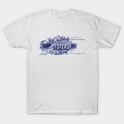 White t-shirt with vintage oyster print, casual style, unisex, 100% cotton, perfect for everyday wear.