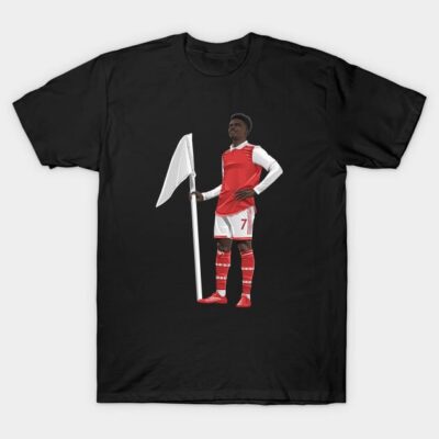 Black T-shirt with a graphic of a soccer player in red and white uniform holding a flag, casual sporty style.