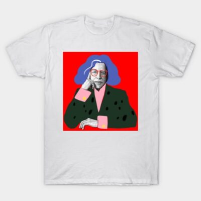 White cotton t-shirt with colorful abstract portrait design, modern style, casual wear.