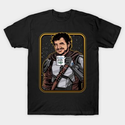 Black T-shirt with illustrated sci-fi warrior holding mug, "Daddy of the Galaxy" text, casual wear, soft cotton material.