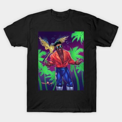 Black t-shirt with vibrant retro-style graphic, featuring neon palm trees and a cool character in colorful attire.