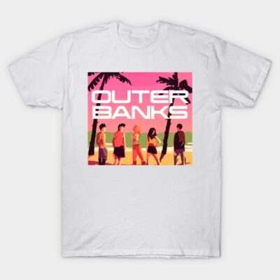 White cotton t-shirt featuring colorful Outer Banks graphic design, perfect for casual wear and beach outings.