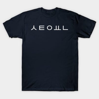 Navy blue t-shirt with white geometric text design, casual fit, cotton material, ideal for everyday wear.