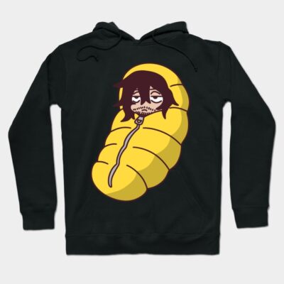 Black hoodie with cartoon character in yellow sleeping bag, playful design, casual wear, cotton blend material.