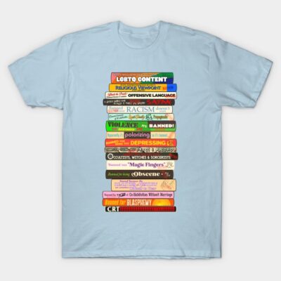 Light blue t-shirt with colorful book stack design, featuring banned book themes. Casual wear, cotton material.