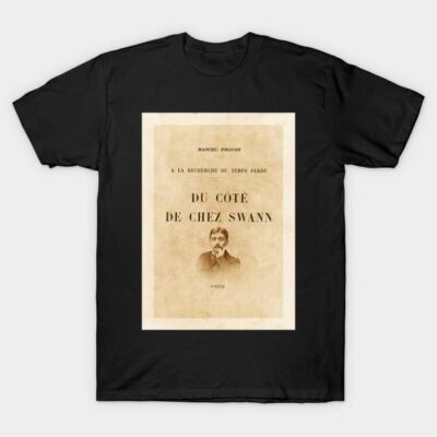 Black t-shirt featuring vintage book cover design, classic literature style, suitable for casual wear.
