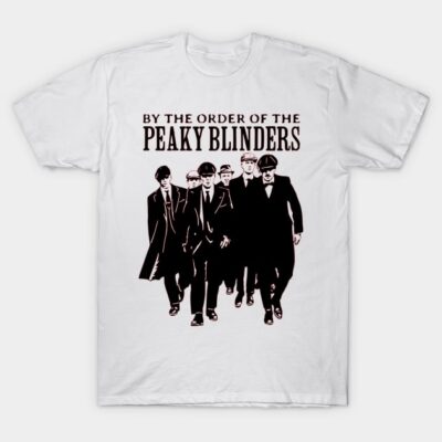 White cotton t-shirt with "Peaky Blinders" graphic and text print, casual style, unisex, ideal for fans and everyday wear.