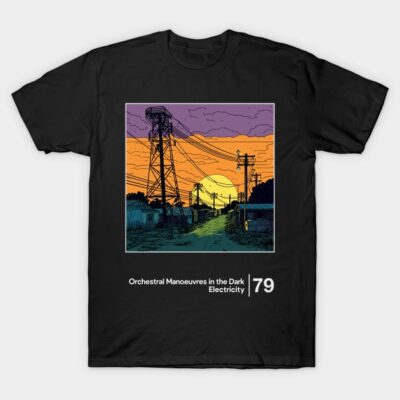 Black T-shirt featuring a vintage sunset and power lines design, perfect for casual wear or music enthusiasts.