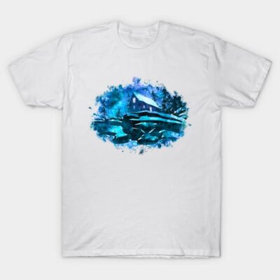 White T-shirt with blue watercolor winter scene, featuring a snowy cabin and trees. Cotton fabric, casual style.