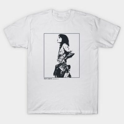 White graphic tee with artistic black print, casual style, 100% cotton, unisex, ideal for everyday wear.