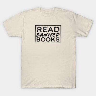 Cream T-shirt with "Read Banned Books" text, casual style, soft cotton, ideal for book lovers and everyday wear.