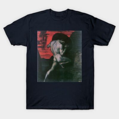Navy blue graphic tee featuring an abstract art print, 100% cotton, casual wear for art enthusiasts.