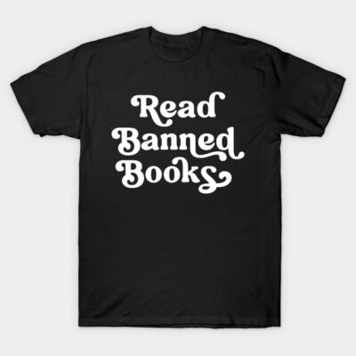 Black t-shirt with white "Read Banned Books" text, casual style, cotton material, unisex fit. Perfect for book lovers.