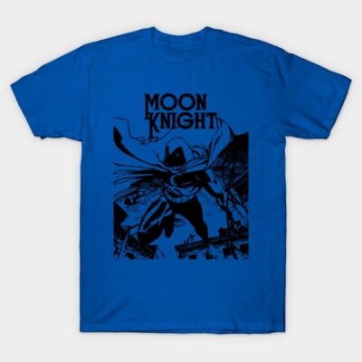 Blue Moon Knight graphic t-shirt featuring dynamic superhero design, casual wear, cotton material.