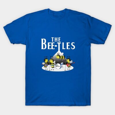 Blue "The Bee-tles" graphic T-shirt, featuring cartoon bees playing instruments. Ideal for music lovers, cotton fabric.