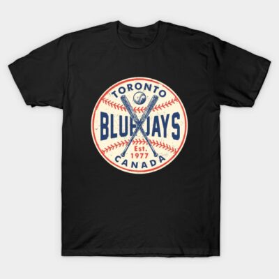 "Black Toronto Blue Jays baseball t-shirt, vintage logo design, cotton material, casual sportswear for fans"