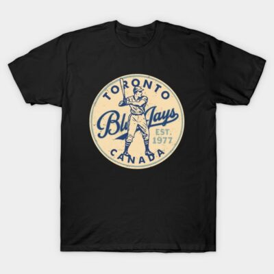 Black t-shirt with vintage Toronto Blue Jays logo, baseball player design, casual wear, cotton material.