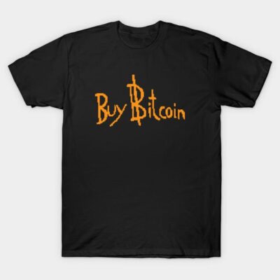 Black t-shirt with "Buy Bitcoin" text in orange, casual style, perfect for cryptocurrency enthusiasts.