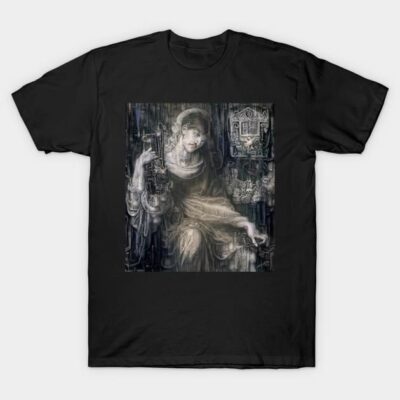 Black t-shirt featuring abstract art design, short sleeves, casual wear, 100% cotton, perfect for everyday style.