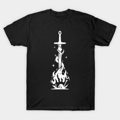 Black t-shirt with white sword and flame graphic, casual style, cotton material, unisex design, ideal for everyday wear.