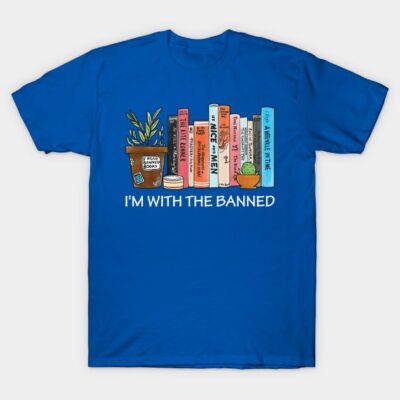 Blue "I'm With the Banned" T-shirt featuring colorful book spine design, casual style, perfect for book lovers.