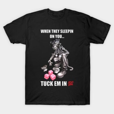 Black graphic t-shirt featuring illustrated panther, dice, and text design; casual wear made of cotton.