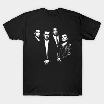 Black graphic t-shirt with monochrome group design, casual style, soft cotton material for everyday wear.