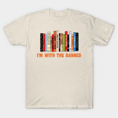 Cream T-shirt with colorful book graphic and "I'm With The Banned" text, casual style, cotton material.