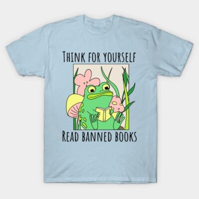 Light blue T-shirt with frog reading book graphic and "Think for yourself, read banned books" text. Casual, fun style.