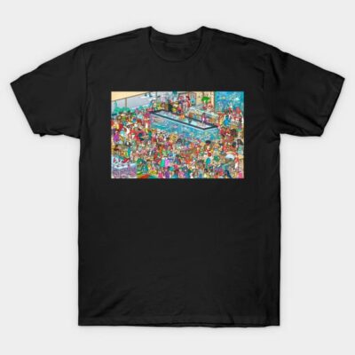 Black t-shirt featuring colorful cartoon crowd scene, casual style, 100% cotton, perfect for everyday wear.