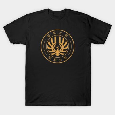 Black t-shirt with gold emblem design, casual style, cotton material, perfect for everyday wear.