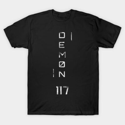 Black t-shirt with "DEMON 117" text design, casual style, cotton material, perfect for everyday wear.