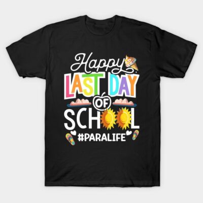 Black t-shirt with colorful "Happy Last Day of School" design, ideal for end-of-year celebrations, cotton material.