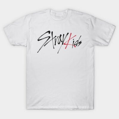 White cotton t-shirt with bold "Stray Kids" graphic in black and red, casual style for everyday wear.