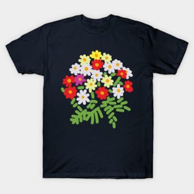 Navy blue t-shirt with colorful floral print; casual wear; cotton material; ideal for everyday use.