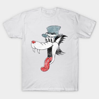 White t-shirt with vintage cartoon wolf graphic, featuring a top hat and red tongue, ideal for casual wear.