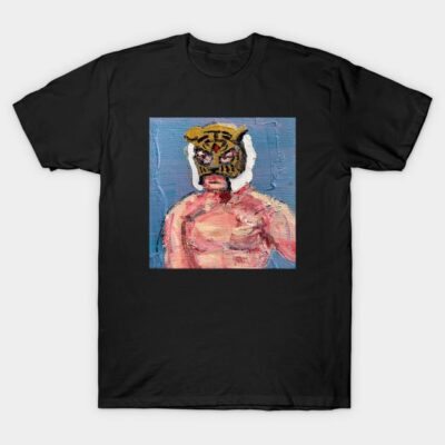 Black t-shirt featuring abstract wrestler design, vibrant colors, casual wear, 100% cotton, unisex style.