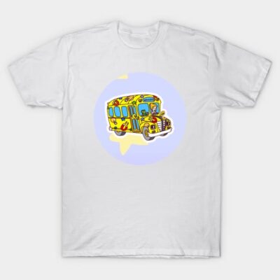 White cotton t-shirt featuring a colorful illustrated yellow school bus design. Fun and casual style.