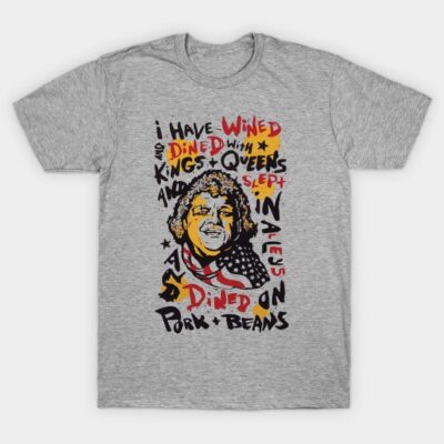 Gray graphic t-shirt with colorful text and design, casual wear, soft cotton material, suitable for everyday style.