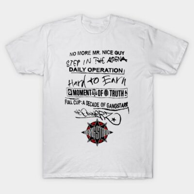 White cotton t-shirt with black text and a red star graphic, casual style, ideal for daily wear or music enthusiasts.