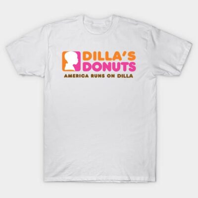 White graphic t-shirt featuring "Dilla's Donuts" logo with pink and orange text. Casual wear, cotton material.