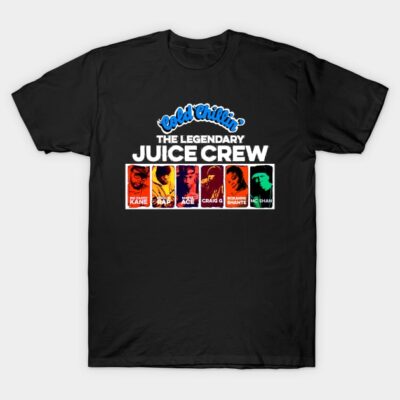 Black graphic t-shirt featuring "The Legendary Juice Crew" design with colorful portraits, casual wear cotton blend.