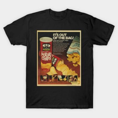 Black vintage-style t-shirt featuring retro potato chips advertisement, casual wear, cotton material.