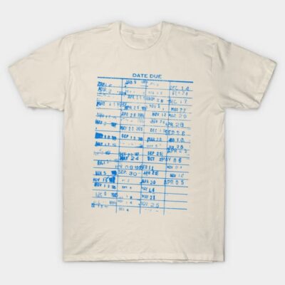 Cream vintage-style t-shirt with blue library card print, casual wear, soft cotton material.